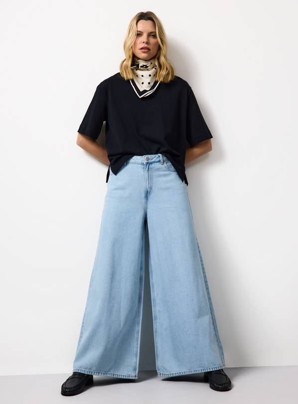 Light Denim Lyocell Blend Flared Palazzo Jeans 12L